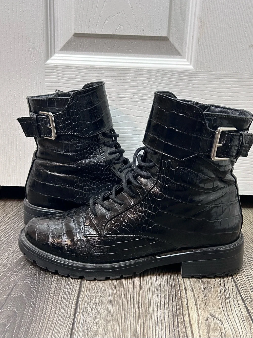 Black Croc Embossed Combat Boots Buckle Lace Up Ankle Boots Size 10 - Picture 7 of 12